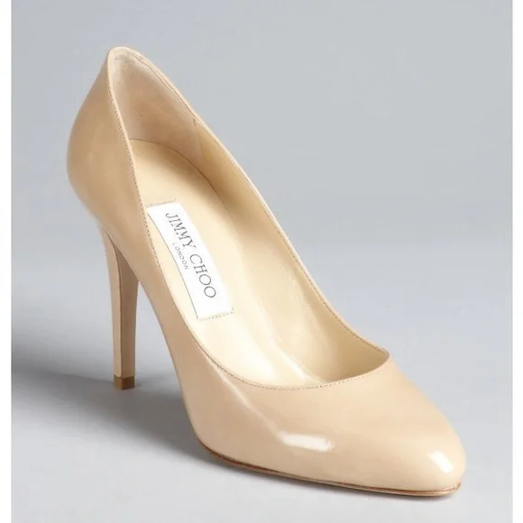 Nude Patent Leather Tapered Round Toe Vikki Pumps - Picture 2 of 13